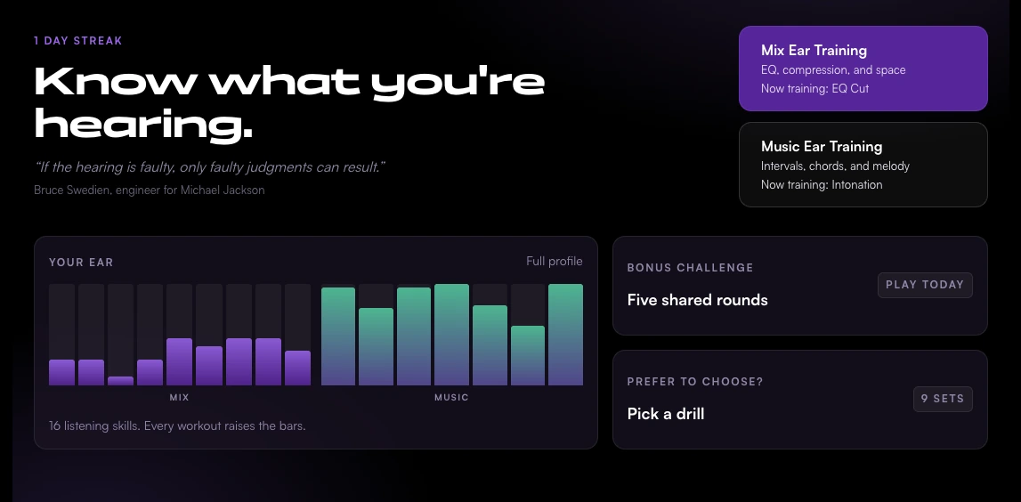 Ear Training: mix and music ear workouts with a skill profile