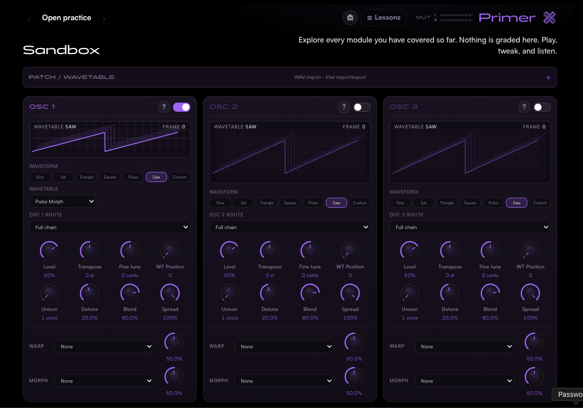 Primer sandbox synth with three oscillators, filters, and envelopes