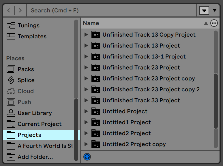 An Ableton Live browser listing project after project named Unfinished Track